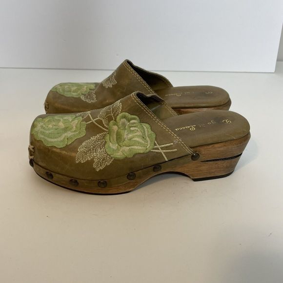 Diego Di Lucca Tan Green Leather Embroidered Floral Studded Clogs Women's SZ 6.5 - Picture 5 of 8